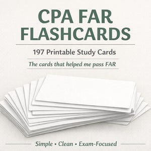 Może przedstawiać: Stos białych fiszek do nauki do egzaminu CPA FAR. Tekst na obrazku brzmi "CPA FAR FLASHCARDS" i "197 Printable Study Cards". Karty są opisane jako "Simple, Clean, Exam-Focused".