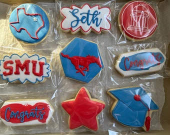 SMU/Southern Methodist University Graduation/Acceptance/Congratulations Gift/Decorated Sugar Cookies/12 Cookies/Message me to change school!