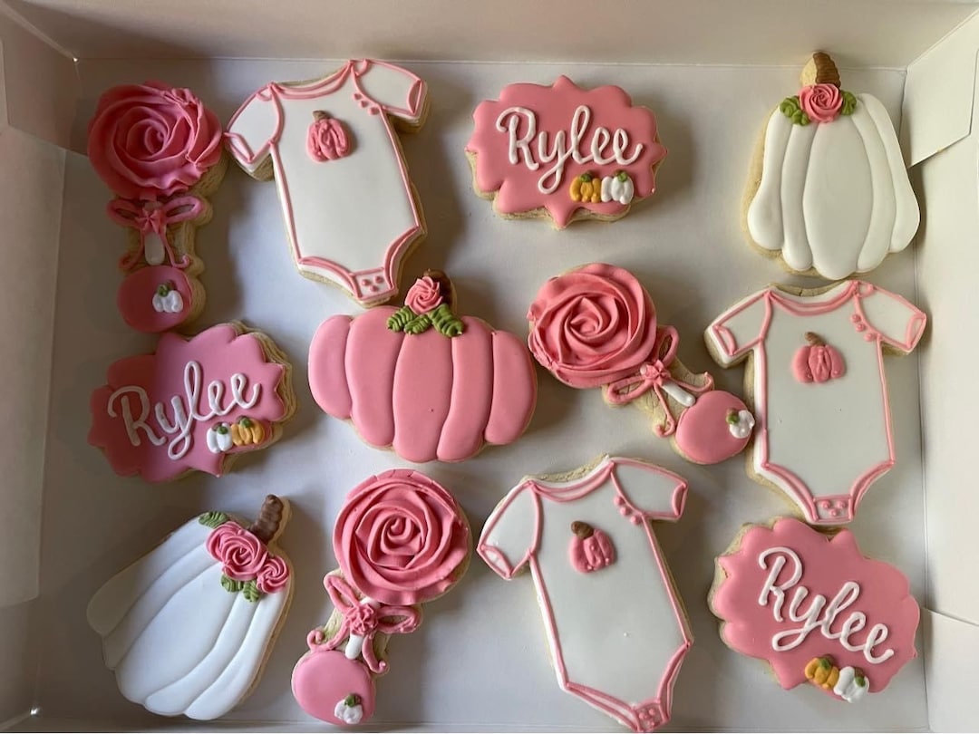 Baby Girl Fall Themed Baby Shower Decorated Sugar Cookies Pumpkins/pink