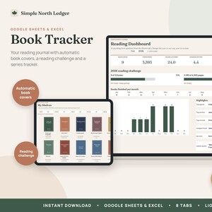 Puede incluir: Un rastreador de libros digital para Google Sheets y Excel titulado Simple North Ledger. La interfaz muestra un panel de lectura, una estantería con portadas de libros y un rastreador de desafíos de lectura en computadora, tableta y móvil.