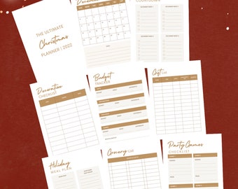 May include: Printable Christmas planner with pages for a December calendar, preparation countdown, decoration checklist, budget tracker, gift list, holiday meal plan, grocery list, and party games checklist. The pages are white with gold text and lines.
