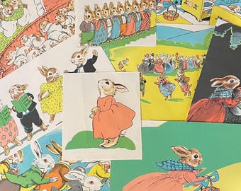 Ilustraciones de libros infantiles retro: paquete de efímeras con temática de conejos para diarios, álbumes de recortes, agendas, tarjetas y collages.