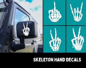 Skeleton Hand Decals | Peace Sign, Rock on, & Middle Finger| Fits Jeep Wrangler, 4x4 SUVs and other Vehicles | Skeleton Mirror Wave