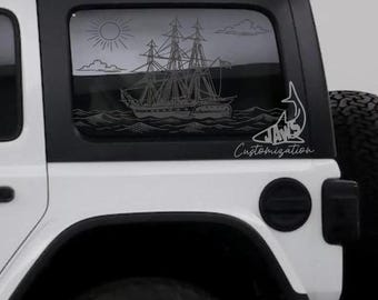 Calcomanía de barco pirata para la ventana trasera del techo rígido - Compatible con Jeep Wrangler JKU JLU / 4 puertas / Calcomanías todoterreno / Calcomanía para autos femeninos