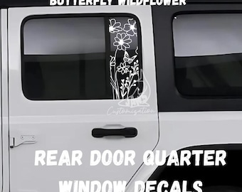 Calcomanías Butterfly Wildflower para la ventana trasera de la puerta - Juego de 2 / Compatible con Jeep Wrangler JKU JLU / 4 puertas / Calcomanías todoterreno / Calcomanía femenina para auto