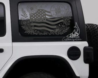 Calcomanía para ventana de techo rígido con brújula y bandera estadounidense - Compatible con Jeep Wrangler JKU JLU / 4 puertas / Calcomanías todoterreno / Calcomanía para coche femenina