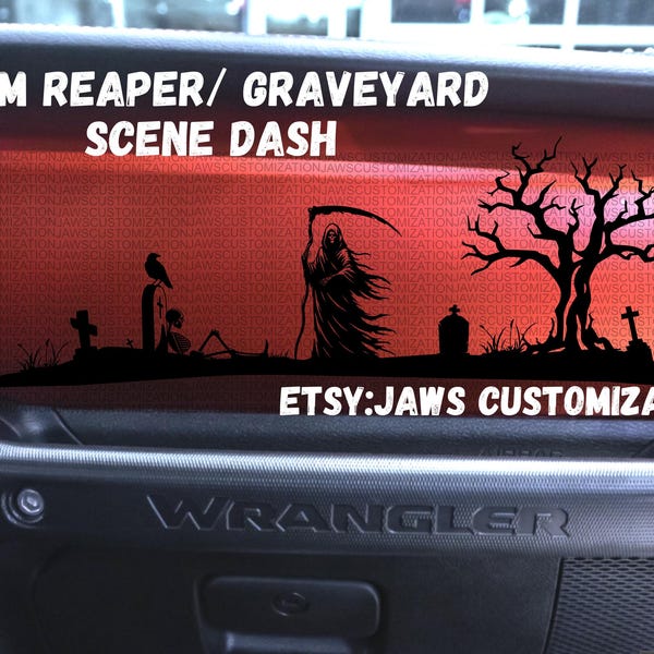 Grim Reaper Graveyard Spooky Halloween Dashboard Glove Box Vinyl Decal Sticker |Fits Jeep Wrangler / Gladiator| JL & JT Dash Decal
