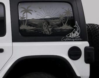 Calcomanía para ventana trasera de techo rígido con diseño de Bigfoot Beach - Compatible con Jeep Wrangler JKU JLU / 4 puertas / Calcomanías todoterreno / Calcomanía para autos con diseño femenino