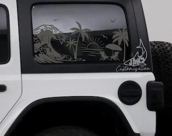 Beach Theme Rear Hardtop Window Decal- Fits Jeep Wrangler JKU JLU | 4 Door | Offroad Decals | Girly Car Decal