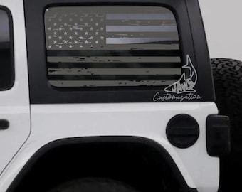 Calcomanía para ventana trasera rígida con bandera estadounidense desgastada - Compatible con Jeep Wrangler JKU JLU / 4 puertas / Calcomanías todoterreno / Calcomanía para auto femenino