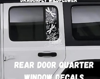 Calcomanías de libélula para la ventana trasera de la puerta - Juego de 2 / Compatible con Jeep Wrangler JKU JLU / 4 puertas / Calcomanías todoterreno / Calcomanía femenina para auto