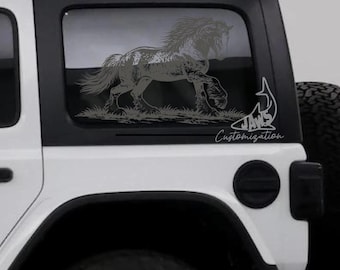 Calcomanía para ventana trasera de techo rígido con diseño de caballo Clydesdale - Compatible con Jeep Wrangler JKU JLU / 4 puertas / Calcomanías todoterreno / Calcomanía para coche con diseño femenino