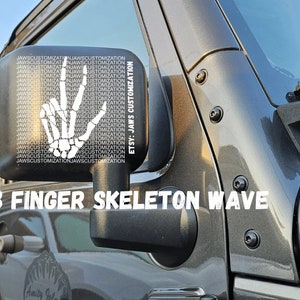 Skeleton Hand Decals | Peace Sign, 3 Finger Wave | Fits Jeep Wrangler, 4x4 SUVs and other Vehicles | Skeleton Mirror Wave