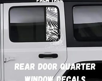 Calcomanías de hojas de palma para la ventana trasera de la puerta - Juego de 2 / Compatible con Jeep Wrangler JKU JLU / 4 puertas / Calcomanías todoterreno / Calcomanía para auto con diseño femenino