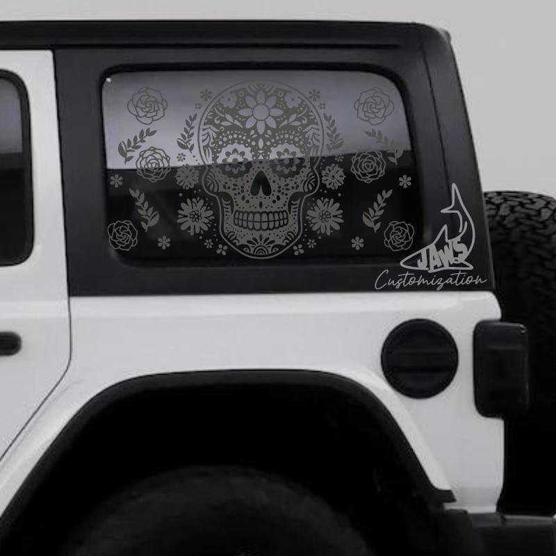 Flower Sugar Skull Rear Hardtop Window Decal- Fits Jeep Wrangler
