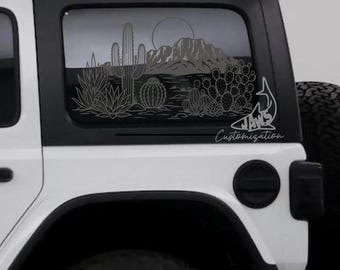 Calcomanía para ventana de techo rígido con diseño de cactus del desierto - Compatible con Jeep Wrangler JKU JLU / 4 puertas / Calcomanías todoterreno / Calcomanía para coche femenina