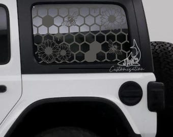 Calcomanía para ventana trasera de techo rígido con diseño de abejas y flores en panal - Compatible con Jeep Wrangler JKU JLU / 4 puertas / Calcomanías todoterreno / Calcomanía para autos con diseño femenino