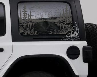 Calcomanía para ventana trasera de techo rígido con diseño de puesta de sol en el lago - Compatible con Jeep Wrangler JKU JLU / 4 puertas / Calcomanías todoterreno / Calcomanía para autos con diseño femenino