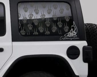 Calcomanía para ventana trasera de techo rígido con símbolo de la paz de esqueleto - Compatible con Jeep Wrangler JKU JLU / 4 puertas / Calcomanías todoterreno / Calcomanía para auto femenino