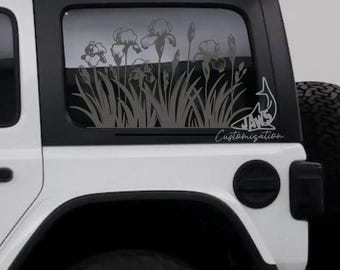 Calcomanía de flores de iris para la ventana trasera del techo rígido - Compatible con Jeep Wrangler JKU JLU / 4 puertas / Calcomanías todoterreno / Calcomanía femenina para auto