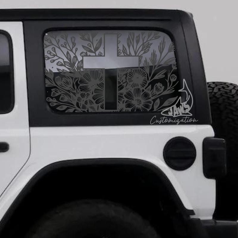 Kruis en bloemen| Religieuze raamsticker hardtop achter - past op Jeep Wrangler 2012+ JKU JLU | 4-deurs | Offroad-stickers | Jesus Girly-autosticker