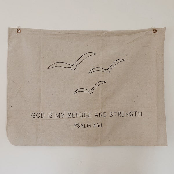 God is My Refuge and Strength Canvas Flag | Scripture Wall Decor | Wall Hanging | Bible Verse Sign | Christian Wall Art | Christian Tapestry