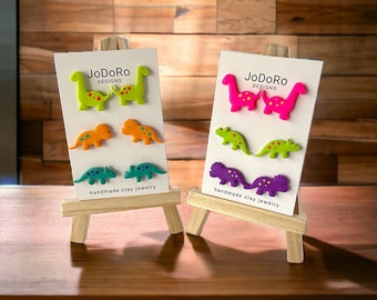 Colorful Dinosaurs Stud Earrings  | Animal Studs | Cute Dinosaur Gift Idea | Handmade Clay Earrings | Cute Clay Earrings | 3 Pack Earrings|