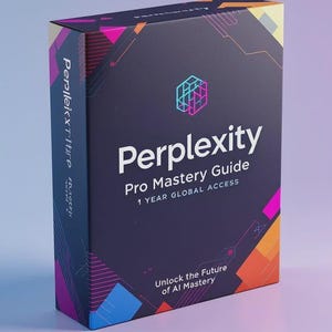 May include: A product box featuring the word "Perplexity" in white, with "Pro Mastery Guide" and "1 YEAR GLOBAL ACCESS". The box has a dark purple background with colourful geometric designs and the text "Unlock the Future of AI Mastery".