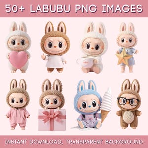 Paquete de imágenes prediseñadas digitales Labubu PNG: 50 imágenes PNG y JPG de alta calidad / Arte Labubu adorable para camisetas, tazas, pegatinas y más con fondo transparente