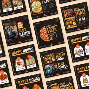 Può includere: Una collezione di nove grafiche quadrate per i social media che pubblicizzano un ristorante con uno sfondo marrone scuro e accenti gialli. Le grafiche presentano immagini di vari piatti, tra cui pizza, cibo indiano, cibo tailandese e una varietà di antipasti. Le grafiche includono anche testo che promuove offerte speciali per l'happy hour, giochi di slot machine e un'offerta speciale per la pizza del lunedì.