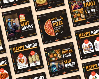 May include: A collection of nine square social media graphics advertising a restaurant with a dark brown background and yellow accents. The graphics feature images of various dishes, including pizza, Indian food, Thai food, and a variety of appetizers. The graphics also include text promoting happy hour specials, slot games, and a Monday pizza special.