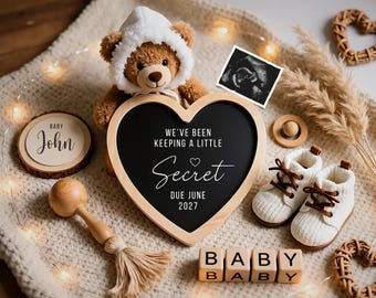 Boho Pregnancy Announcement Digital Template - Editable in Canva | Bear & Heart Theme
