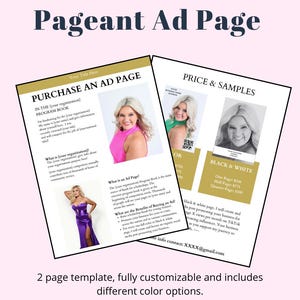 May include: A Canva template for a pageant ad page, featuring a customizable two-page design. The design includes sample pricing, black and white options, and the text "Instant Download."
