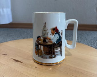Norman Rockwell "For A Good Boy" Collector Mug 1985 Ceramic Gold Trim Model Ship Scene