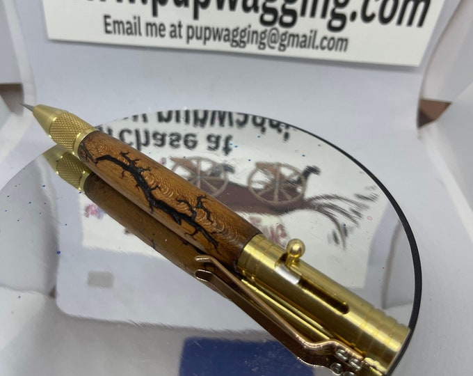 Lichtenberg Fractal wood-burning Bolt action, hobby knife cherry wood with brass metal finish