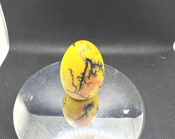 Wooden egg with fractal woodburning lichtenberg Fractal wood-burning from 10,000 V of electricity yellow and red wood stain