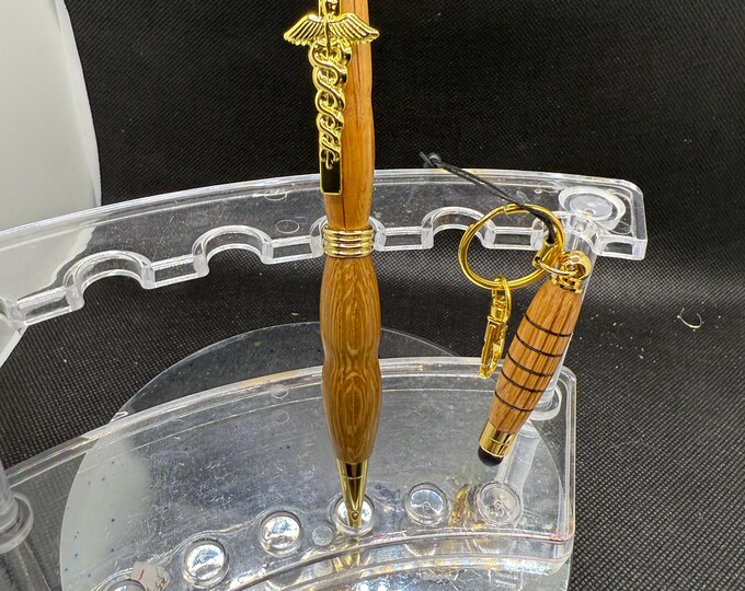 Slimline twist pen with medical insomnia in gold and keychain stylist set made out of whiskey barrel wood