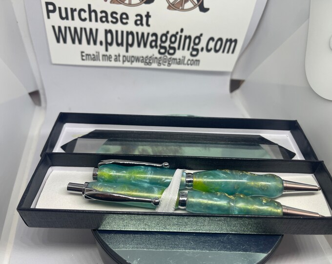Green and blue acrylic pen and pencil set  with metallic gold flakes and chrome metal in a gift box