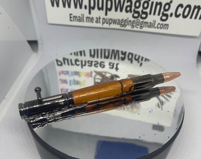 Lichtenberg Fractal wood-burning Bolt action click pen in gunmetal made from sapele Hardwood