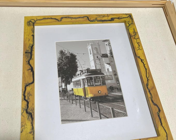 Picture frame with Fractal Lichtenberg wood burning in yellow and brown wood stain 8 x 10 photo
