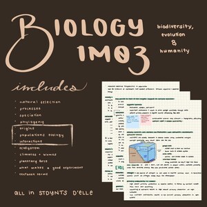 May include: Handwritten notes on a lined page with the title "Biology IMO3" and a list of topics including natural selection, processes, speciation, phylogeny, origins, populations ecology, interactions, ecosystem, climates + biomes, planetary force, what makes a good experiment, and textbook terms. The notes also include a diagram of a water column with the text "EVOL" and a list of bullet points.
