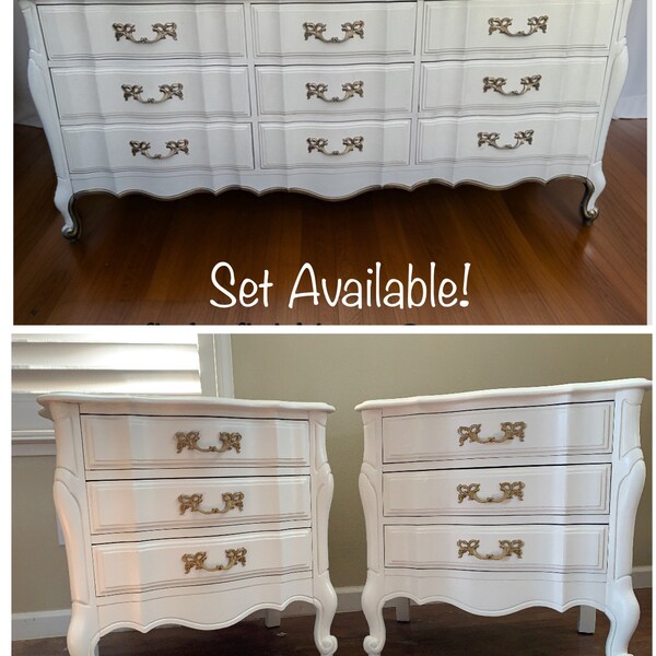 AVAILABLE!!  Pearl White Victorian Handpainted  French Provincial nightstands and chest of drawers  Vintage bedroom dresser set