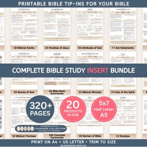 May include: A digital bundle of printable Bible study inserts featuring 320+ pages and 20 products in one. Includes trackers, summaries, and lists like Armor of God, 50 Biblical Events, and 50 Women of Bible. Text includes 5x7, Half Letter, A5, A4, and US Letter.