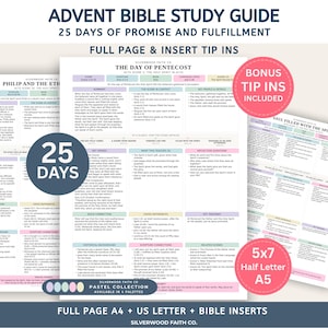 May include: An Advent Bible study guide titled 25 Days of Promise and Fulfillment, featuring full-page and insert tip-ins. The documents include text about The Day of Pentecost and Philip and the Ethiopian, with pastel-colored headers and sections.