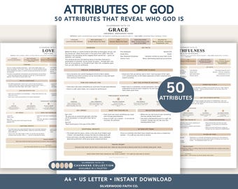 Könnte beinhalten: Ein digitaler Druck mit dem Titel Attributes of God, der 50 Eigenschaften zeigt, die offenbaren, wer Gott ist. Das Dokument enthält Abschnitte zu Gnade, Liebe und Treue mit theologischen Übersichten, Fakten und Reflexionsfragen. Verfügbar in A4 und US Letter als sofortiger Download.