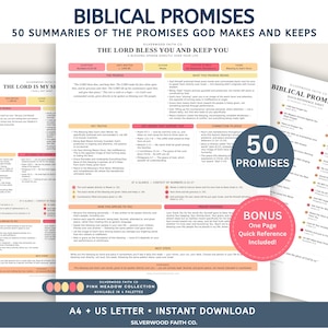 May include: A digital document titled Biblical Promises featuring 50 summaries of promises God makes and keeps. The layout includes sections for the promise, meaning, key truths, and application. It includes a bonus quick reference sheet.