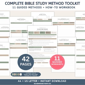 May include: A complete Bible study method toolkit featuring 11 guided methods and a how-to workbook. The 42-page set includes worksheets for OIA inductive study, verse mapping, SOAP method, and more, with sage green and tan accents in A4 and US letter sizes.