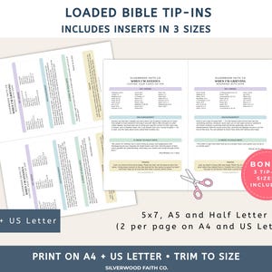 May include: Loaded Bible tip-ins featuring printed inserts in 5x7, A5, and Half Letter sizes. The pages include text titled When I'm Anxious and When I'm Grieving, with sections for key verses, encouragement, and prayer. Includes a pair of scissors.
