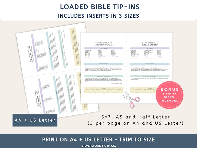 May include: Loaded Bible tip-ins featuring printed inserts in 5x7, A5, and Half Letter sizes. The pages include text titled When I'm Anxious and When I'm Grieving, with sections for key verses, encouragement, and prayer. Includes a pair of scissors.