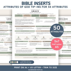 May include: A set of Bible inserts titled Attributes of God Tip-Ins for 50 Attributes, featuring printed pages with sections on grace and love. The pages include text, bullet points, and sage green accents. A circular graphic indicates 50 attributes.